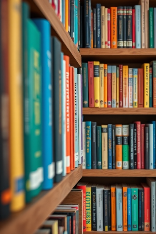 colorful books arranged on wooden shelves photorealistic style close-up view DSLR camera f/2.8 50mm lens ISO 100 natural light