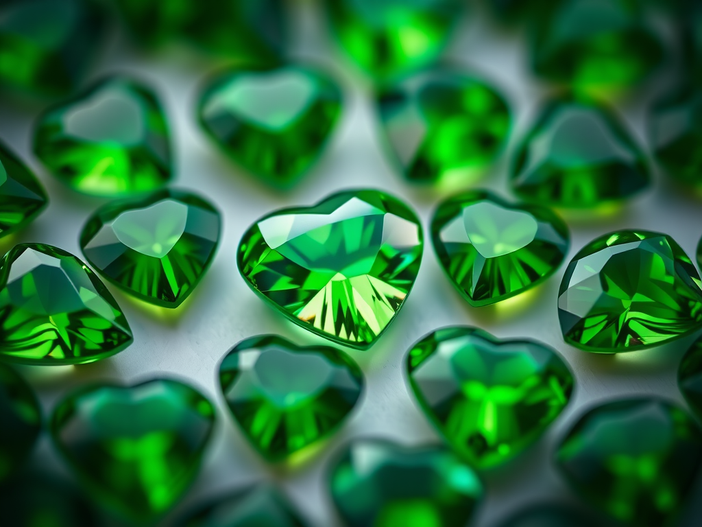 Create a close-up shot of green heart-shaped gemstones arranged aesthetically, using a DSLR camera with a 50mm lens, aperture f/2.8, ISO 200, and a soft focus background to enhance color vibrancy and detail.