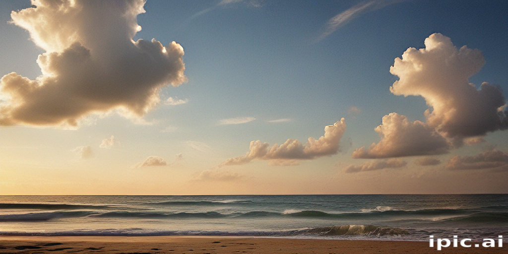 Serene Sunset Over Gentle Waves with Fluffy Clouds in the Sky