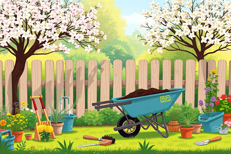 Create a vibrant illustration of a garden scene featuring a wooden fence, blooming trees, a wheelbarrow filled with soil, various gardening tools, and pots of flowers, captured in high resolution with a DSLR camera at f/8 aperture, 24mm lens, and bright natural lighting.