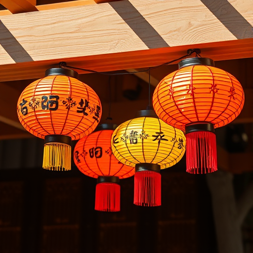 Create an image of four decorative lanterns in vibrant orange, red, yellow, and red colors hanging from a wooden beam, shot with a Canon EOS R5, 50mm lens, f/1.8 aperture, ISO 100, in natural light to enhance brightness and detail.