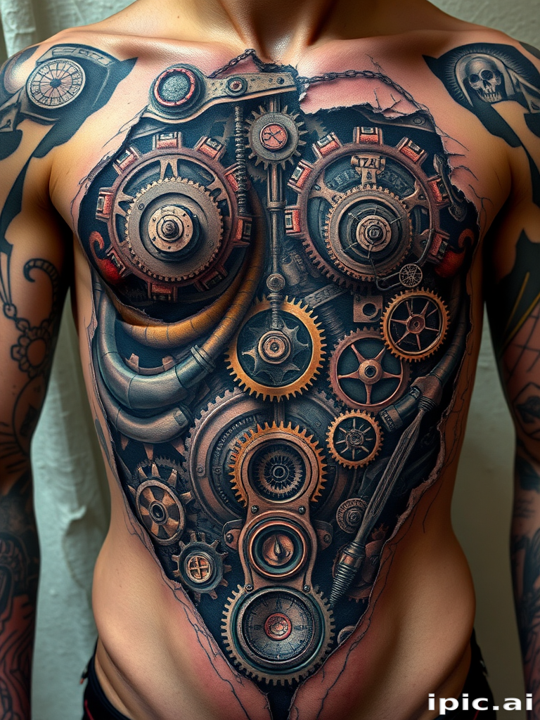 Surrealist biomechanical tattoo revealing intricate gears and machinery beneath torn skin, combining hyperrealistic elements with sci-fi inspired components, sprawling across the ribcage