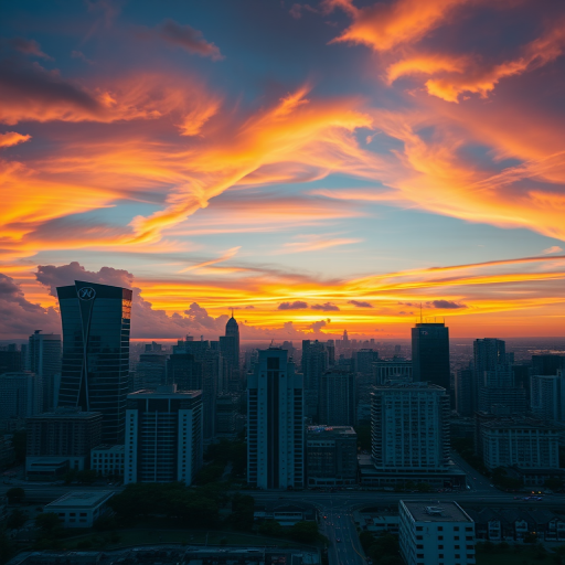Create a vibrant city skyline at sunset with dynamic clouds, captured using a Canon EOS R5, 24mm lens, aperture f/8, shutter speed 1/125s, ISO 200, wide-angle view, and high dynamic range imaging for enhanced detail and colors.