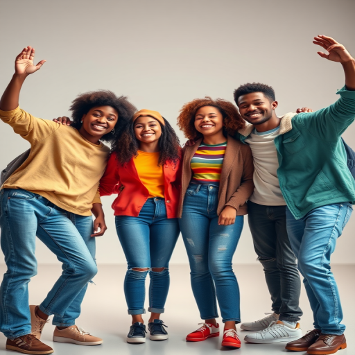 create a vibrant illustration of diverse friendships showcasing four groups of young people in joyful poses, using a Canon EOS R5, 1/200s, f/4, ISO 100, shot in a well-lit studio with a soft focus background for added depth