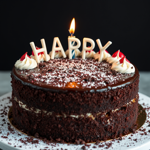 black forest gateau cake, spelling out the words "HAPPY BDAY", tasty, food photography, dynamic shot