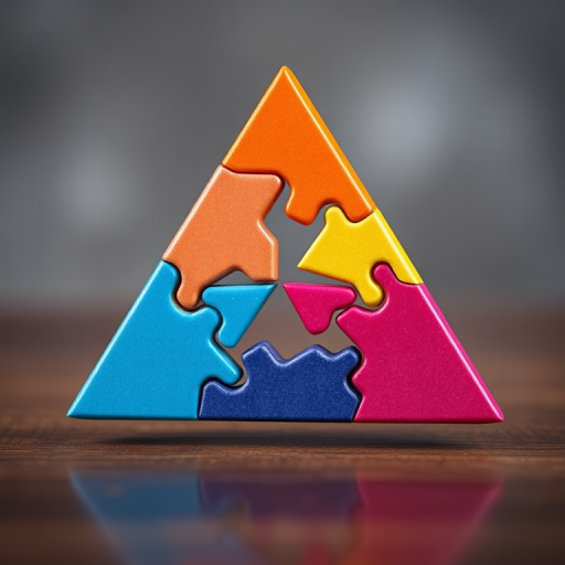 Create a high-resolution image of a colorful tangram puzzle shaped like a triangle, featuring vibrant colors in each segment, with a soft focus background, taken with a DSLR camera at f/2.8, ISO 100, and a focal length of 50mm.