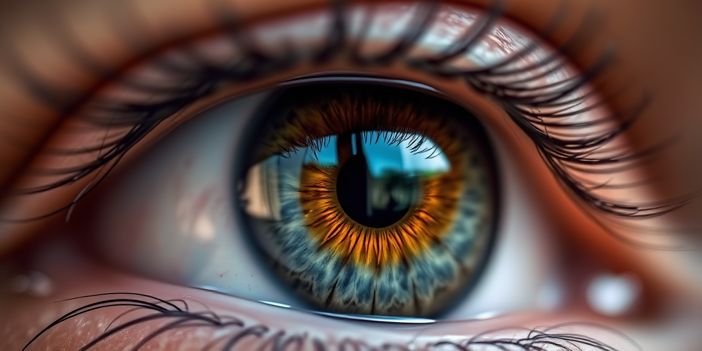 macro shot of a human eye with intricate details and vibrant colors, f/1.8 aperture, 100mm lens, ISO 100, natural lighting, shallow depth of field, positioned at eye level, using a DSLR camera, focus on the iris texture and reflections.