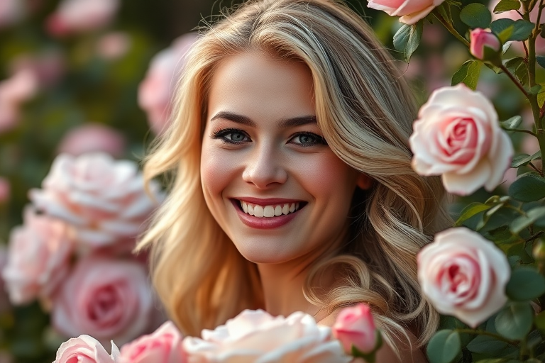 portrait of a young woman with wavy blonde hair smiling amidst blooming roses, using a Canon EOS R5, 85mm f/1.2 lens, aperture f/2.8, ISO 100, natural light, soft focus background