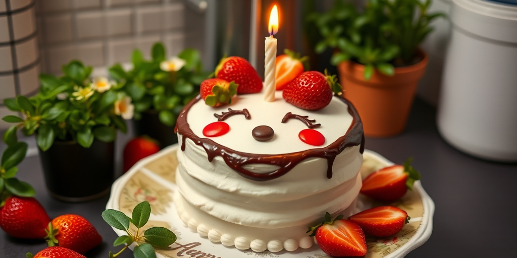 A cute and cheerful cake with a smiling face made of cream and chocolate, topped with fresh strawberries and a single candle, sitting on a decorative plate, surrounded by sliced strawberries and green plants in a kitchen setting.