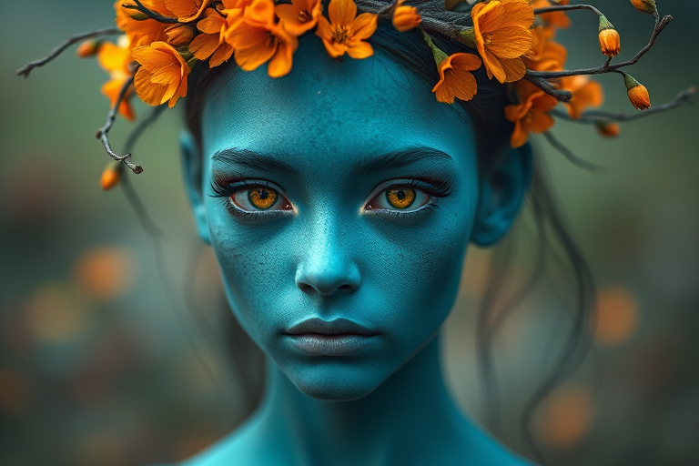 Create an ethereal portrait of a humanoid figure with blue skin and striking yellow eyes, adorned with a crown of orange flowers and intertwined branches, using a Canon EOS R5 camera, 85mm lens, f/1.4 aperture, ISO 100, shot in soft natural light for enhanced details and depth, with a shallow depth of field to blur the background.