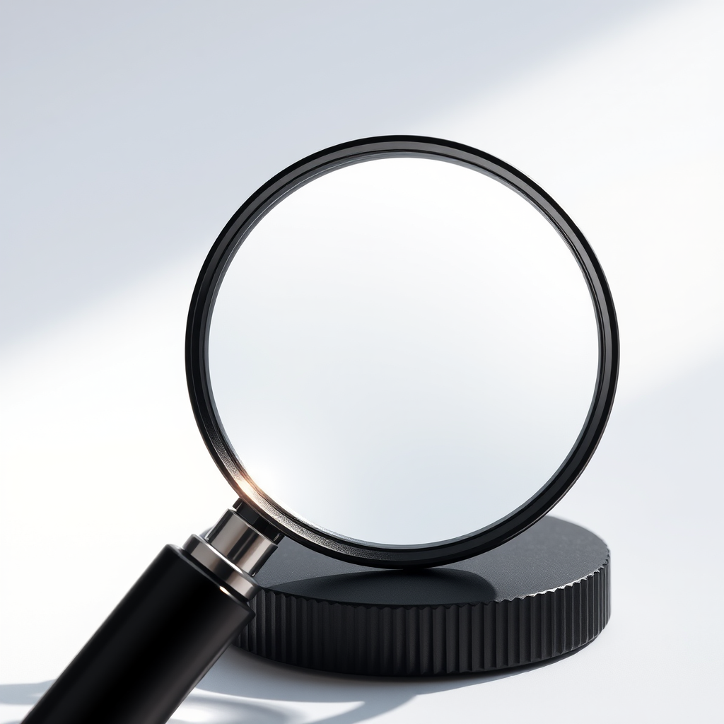 Create a high-resolution digital illustration of a magnifying glass, set against a plain background, using a Canon EOS 5D Mark IV, 50mm lens, aperture f/2.8, ISO 100, and natural daylight to enhance clarity and color gradients.