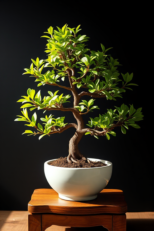 Create a high-resolution image of a bonsai tree with vibrant green leaves, displayed in a white ceramic pot, on a wooden stand, captured in soft natural light, with a shallow depth of field, using a DSLR camera at f/2.8, 50mm lens, ISO 100, shutter speed 1/200s, against a dark background for contrast.