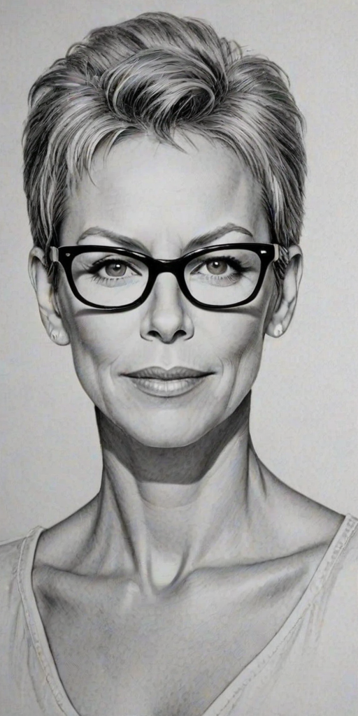 Charming Jamie Lee Curtis, pencil sketch, portrait of Stunning woman 1937s in glasses, hair style beatnik, outline, clear lines, fine lines, 8k