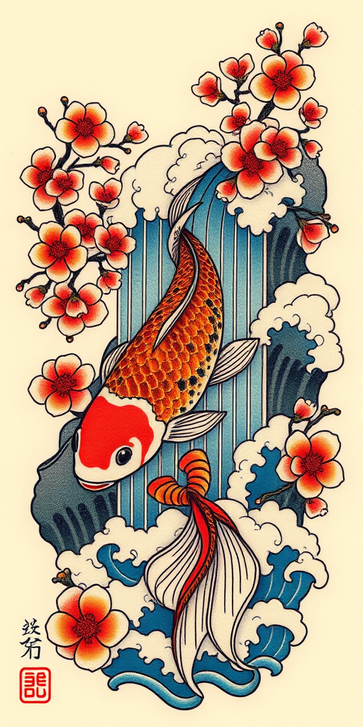 Japanese-inspired irezumi tattoo called "Koi Ascension" featuring a large colorful koi fish swimming up a cascading waterfall surrounded by cherry blossoms and traditional waves