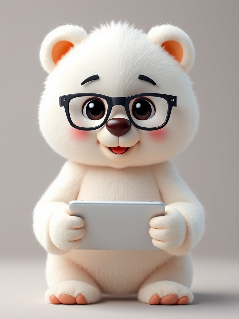 create a cute animated character of a fluffy white bear wearing glasses and holding a tablet, high-resolution, focus on vibrant colors, depth of field, shot with a digital camera, f/2.8 aperture, ISO 100, 50mm lens, studio lighting setup, soft shadows, neutral background