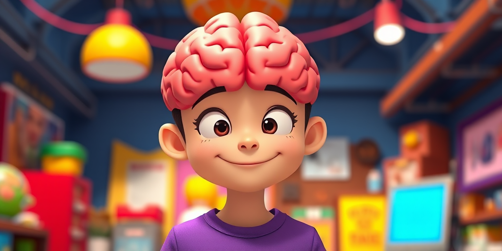 Create a cartoon-style illustration of a character with a visible brain, wearing a purple shirt, in a vibrant and colorful setting, shot with a DSLR camera at f/2.8 aperture, ISO 100, 50mm lens, with a shallow depth of field and bright, well-composed lighting for enhanced detail and clarity.