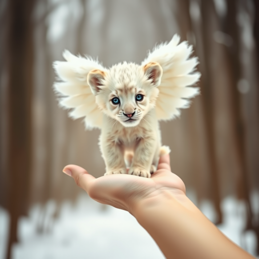 A small, white lion cub with angelic wings standing on a human hand. The cub has a soft, fluffy texture with detailed fur, expressive blue eyes, and a curious expression. The wings are large and feathery, blending seamlessly with its fur, giving an ethereal appearance. The background is a winter forest, with the ground covered in snow and blurred brown trees, creating a serene atmosphere. The human hand in the foreground is positioned palm-up, supporting the lion cub gently, fingers slightly curled. The lighting is soft and diffused, enhancing the tender and magical feel of the scene. Colors are predominantly neutral with white, cream, and soft browns, contrasting with the subtle blue of the lion cub's eyes. The overall composition is balanced, with the cub at the center, creating a focal point that draws the viewer's attention immediately.