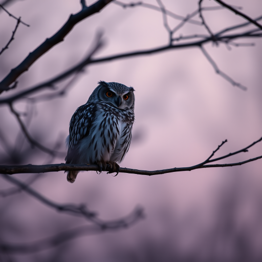 Generate an image of a stylized owl perched on a tree branch during twilight with soft bokeh in the background using a DSLR camera set to f/2.8 aperture, ISO 100, and a shutter speed of 1/125 sec, shot from a low angle to enhance depth, in portrait orientation.