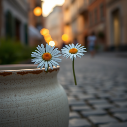 a close-up of a single daisy in a weathered pot on a cobblestone street during golden hour, background softly blurred with warm bokeh, aperture f/2.8, shutter speed 1/200s, ISO 100, 50mm lens, DSLR camera