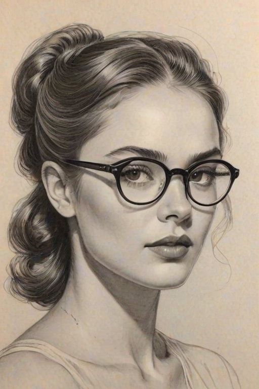 Resplendent Charlotte Lawrence, pencil sketch, portrait of Ravishing woman 1939s in glasses, hair style beatnik, outline, clear lines, fine lines, 8k