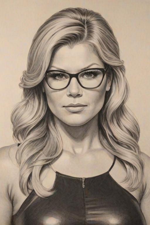 Ravishing Beth Phoenix, pencil sketch, portrait of Beauteous woman 1967s in glasses, hair style beatnik, outline, clear lines, fine lines, 8k