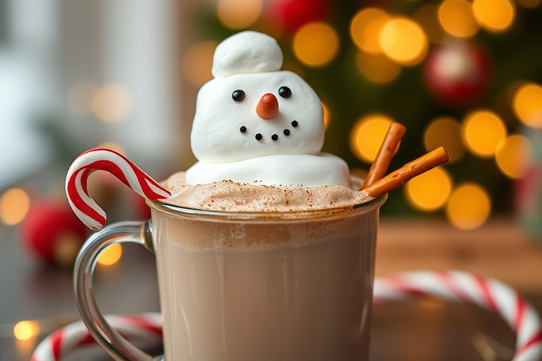 Generate an image of a festive hot chocolate topped with marshmallows shaped like a snowman, complete with a candy cane and pretzel sticks as arms. The background should feature blurred Christmas lights and a cozy holiday atmosphere.