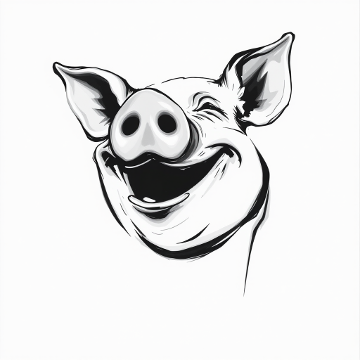 Abstract black and white acrylic portrait of an over exaggerated laughing (pig). Minimalism style. White background.