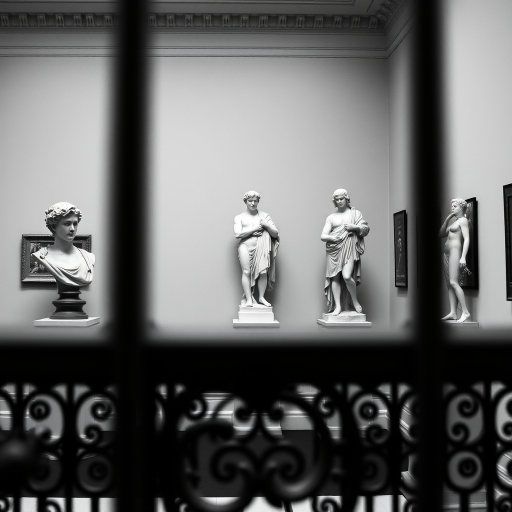 Capture a black and white photograph of a gallery interior featuring classical sculptures, including a bust and two full-body figures, framed through an ornate metal railing, using a DSLR camera, 35mm lens, f/2.8 aperture, ISO 200, and 1/60 second shutter speed for sharp detail and depth of field.