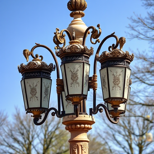 Create an image of an ornate street lamp with six lanterns, featuring intricate floral designs and detailed craftsmanship, captured with a 50mm lens at f/2.8, ISO 100, in bright daylight, using a DSLR camera for high resolution and clarity.