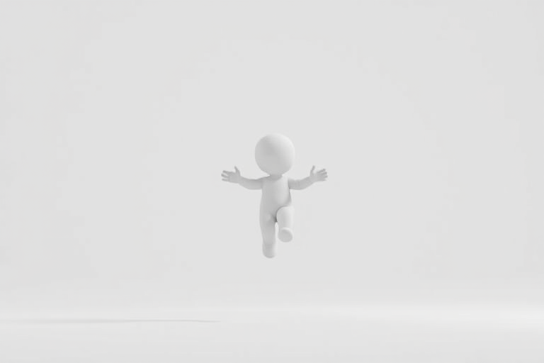 Create a 3D render of a minimalist cartoon figure suspended in mid-air, using a Canon EOS R5 camera at f/8, ISO 100, 1/125s shutter speed, with a wide-angle lens, soft lighting, and a clean white background for enhanced clarity and detail.