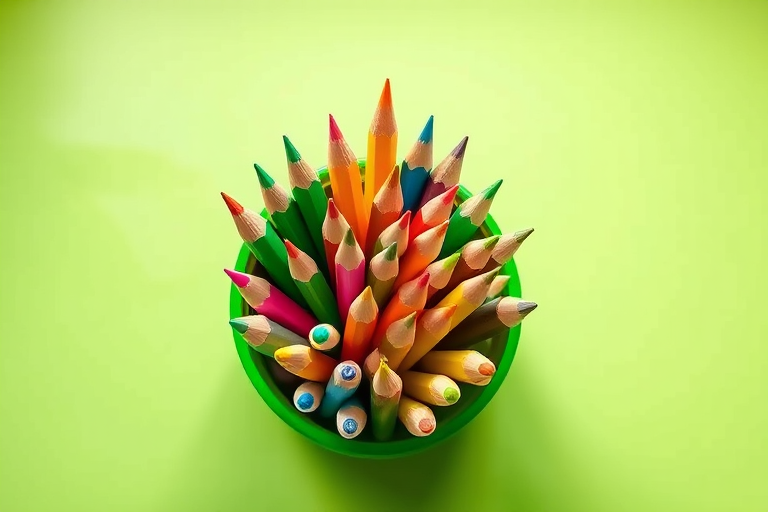 Generate a high-resolution image of a green pencil holder filled with colorful pencils, shot from a top-down angle with a DSLR camera using a 50mm lens, aperture set to f/2.8, ISO 100, and a soft natural light source to enhance details and colors.