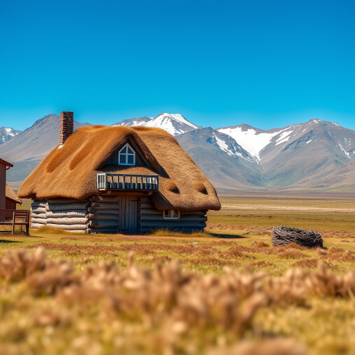 landscape of a traditional grass-roofed house in Iceland with mountains in the background, sunny day, high-resolution image, Canon EOS 5D Mark IV, aperture f/8, shutter speed 1/200s, ISO 100, 24mm focal length, shallow depth of field, vibrant colors, clear blue sky