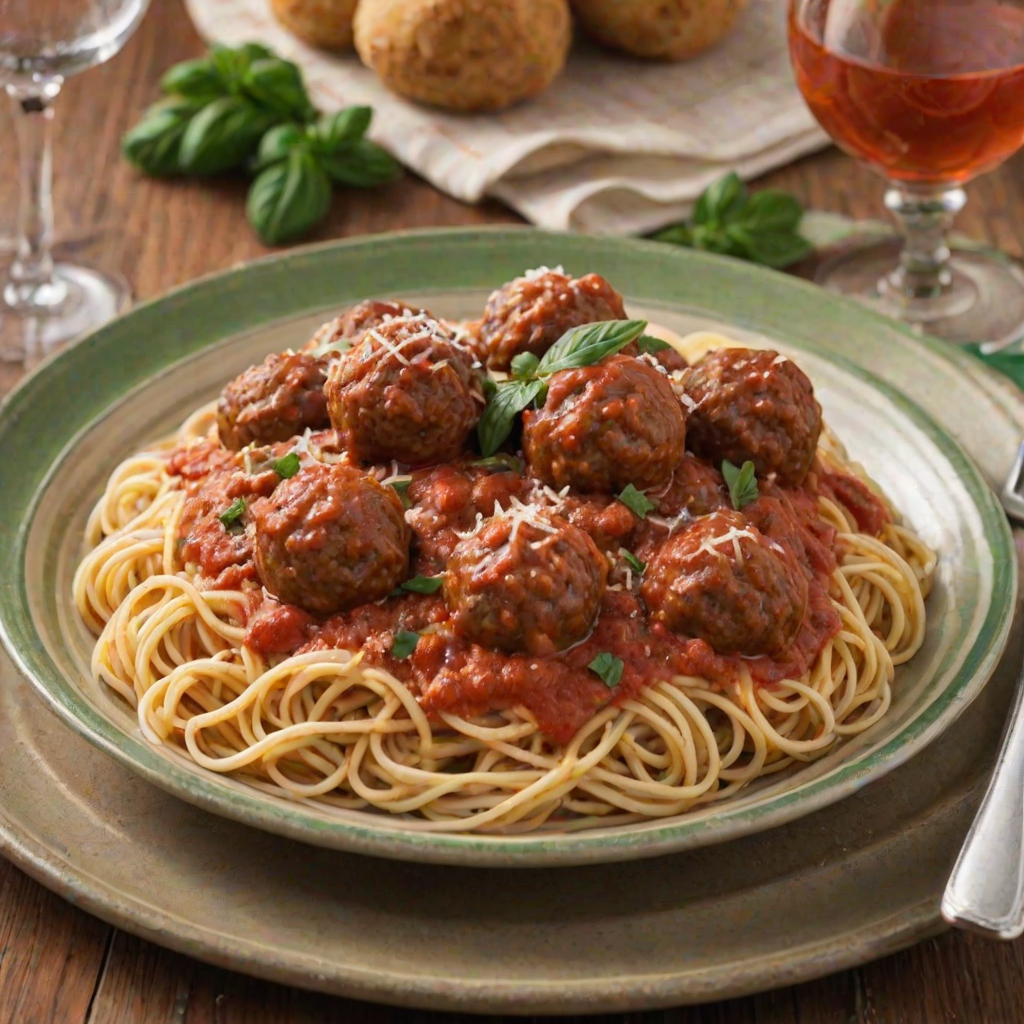 Create an image of a classic spaghetti and meatballs dish served on a plate with a green checkered rim. Show the spaghetti drenched in marinara sauce, topped with several meatballs and a sprinkle of grated cheese. Include a fork twirling some spaghetti from the plate, with a simple table setting in the background.