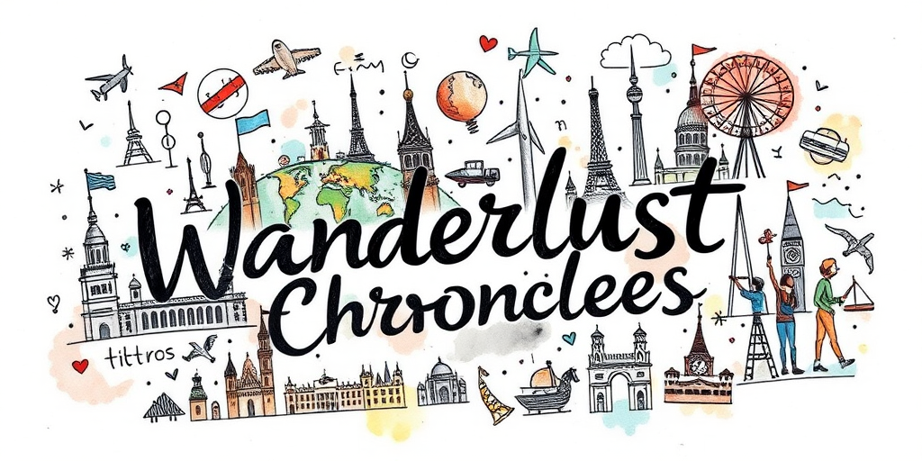 Sketch-style tattoo named "Wanderlust Chronicles" showcasing a travel-themed collage of landmarks, maps, and cultural symbols from around the world, rendered in a loose, hand-drawn style with splashes of watercolor for added depth and vibrancy