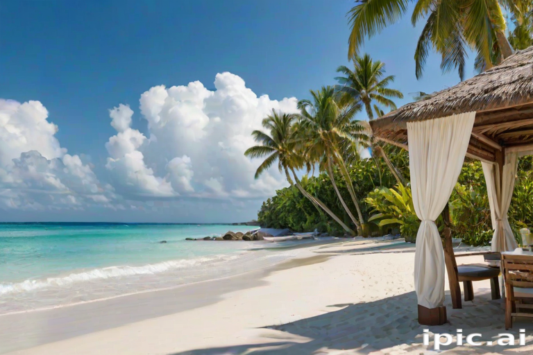 Create a picturesque tropical beach scene featuring a serene, white sandy shore. In the foreground, there's a rustic wooden canopy with white drapes gently flowing in the breeze. Underneath the canopy, a table is set with tropical decor, evoking a sense of relaxation and leisure. The beach extends into a calm, shallow water area with reflections of the sky and surroundings. Palm trees and lush greenery line the edge of the beach, providing a natural, tropical backdrop. The sky is clear with a few scattered clouds, and the overall atmosphere is tranquil and inviting, perfect for a peaceful retreat.