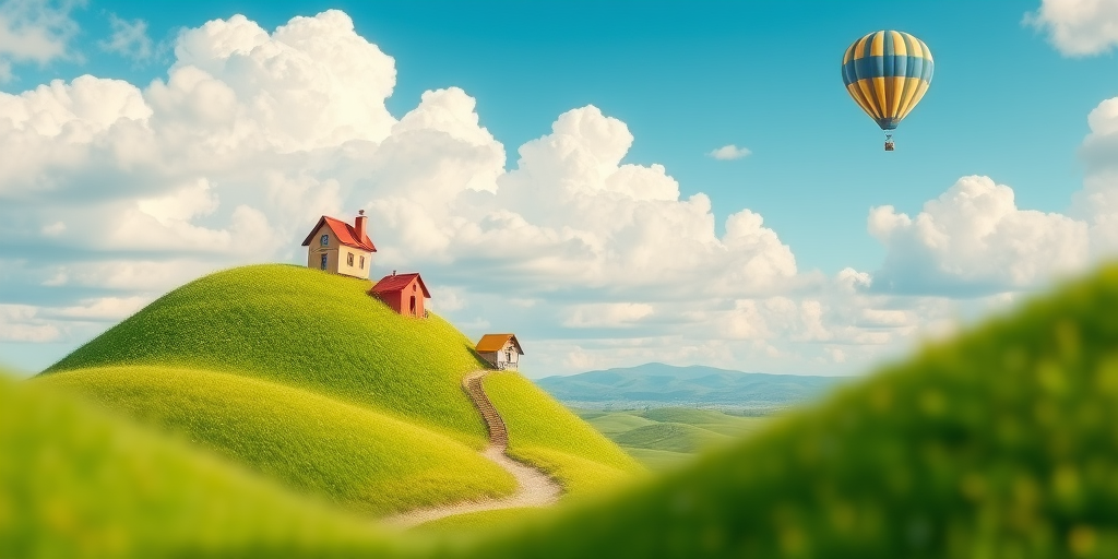 create a whimsical digital landscape featuring floating green hills with small colorful houses on top, a bright blue sky with fluffy white clouds, and a hot air balloon in the distance, use a wide-angle lens, set aperture to f/11 for depth of field, shutter speed at 1/125s for crispness, and ISO 100 for a vibrant color palette, style reminiscent of vector art, use a digital drawing tablet