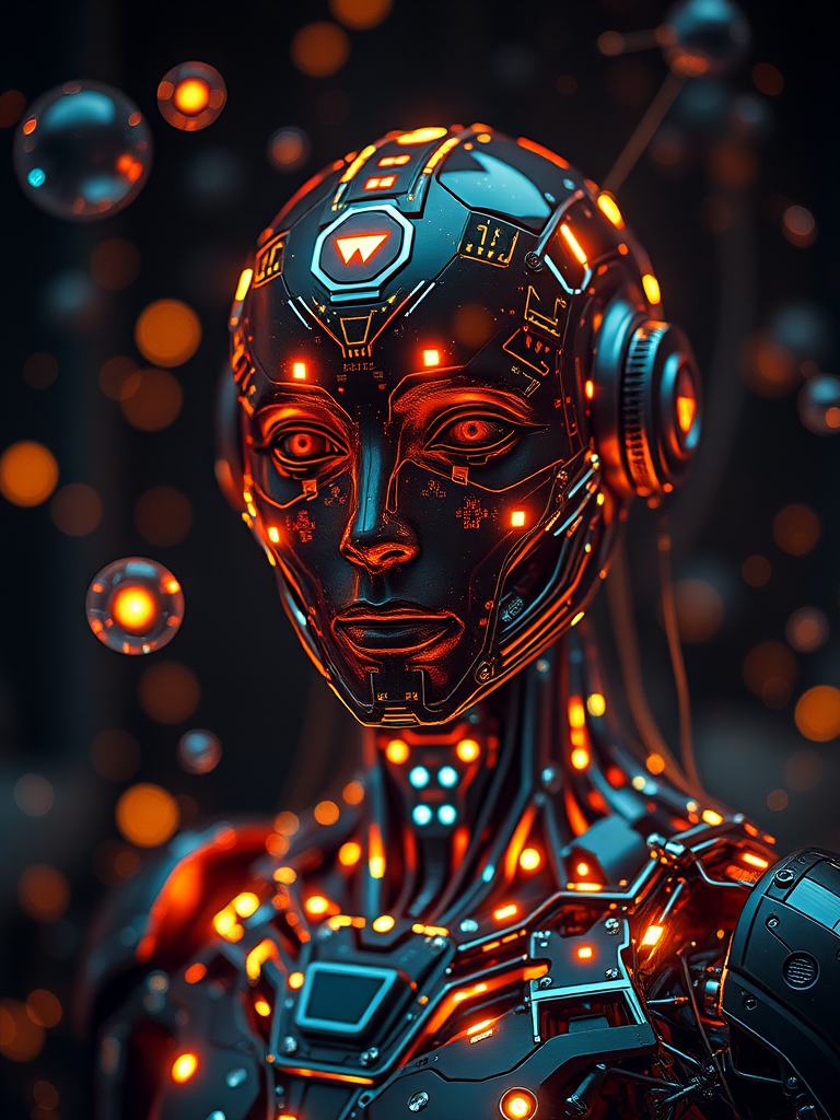 Create a futuristic portrait of a humanoid robot made of shimmering circuits and lights, surrounded by floating orbs and cosmic elements, shot with a DSLR camera, 50mm lens at f/1.8, ISO 100, 1/200s, with a shallow depth of field for a blurred background, in low lighting for enhanced contrast and details.