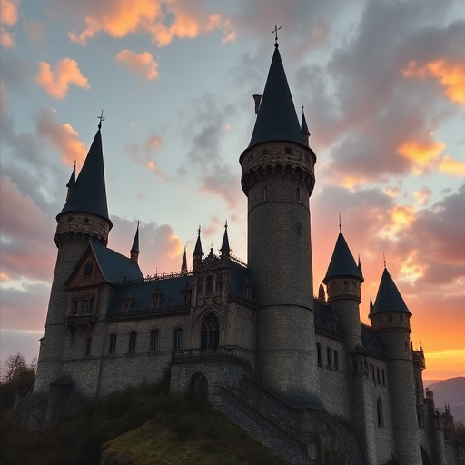 create a detailed fantasy medieval castle scene at sunset with dramatic lighting and shadows, use a DSLR camera with a 24mm lens, aperture f/8, ISO 100, shutter speed 1/60s, shoot from a low angle to emphasize the castle's height, in HDR style to enhance depth and detail