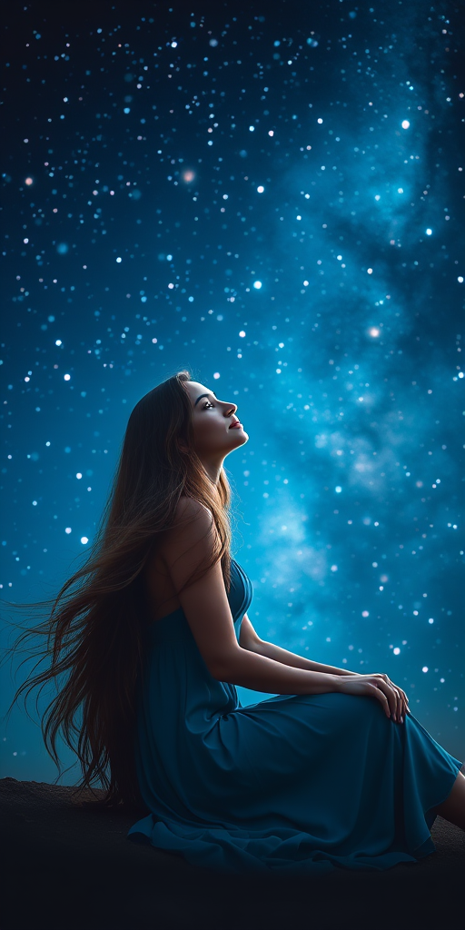 Create a serene image of a woman with long flowing hair, sitting gracefully against a cosmic background filled with vibrant blues and stars, use a 50mm lens, f/1.8 aperture, ISO 100, soft focus style, and a digital mirrorless camera.