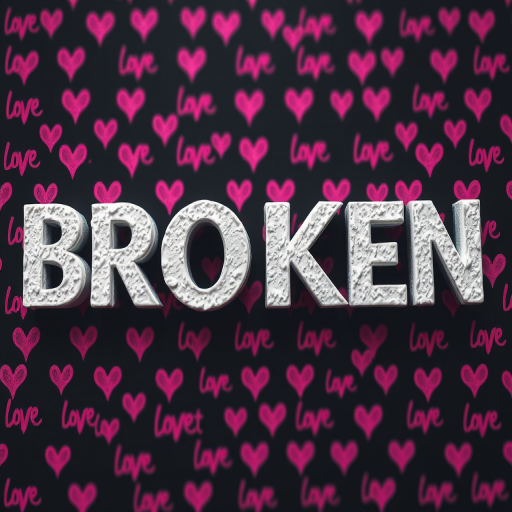 Create an image of the word BROKEN in large, textured white letters on a dark background filled with repeated smaller pink text that says heart, use a DSLR camera with a 50mm lens, aperture f/2.8, ISO 100, and a focus on the main word to create bokeh effect for depth.