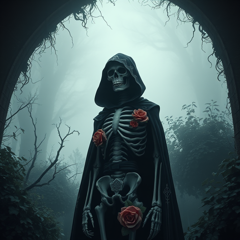 Create an ultra-detailed fantasy illustration of a skeletal figure in a dark hooded cloak, adorned with intricate patterns and roses, standing in an eerie, misty landscape with gothic arches and overgrown foliage, shot with a Canon EOS R5 at f/1.4, ISO 100, 50mm lens, using low-angle perspective and soft focus to enhance depth and style.