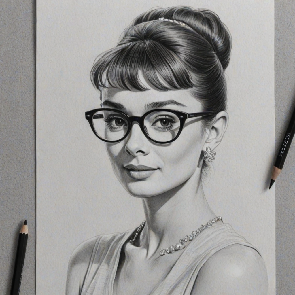 Pleasing Audrey Hepburn, pencil sketch, portrait of Exquisite woman 1979s in glasses, hair style beatnik, outline, clear lines, fine lines, 8k