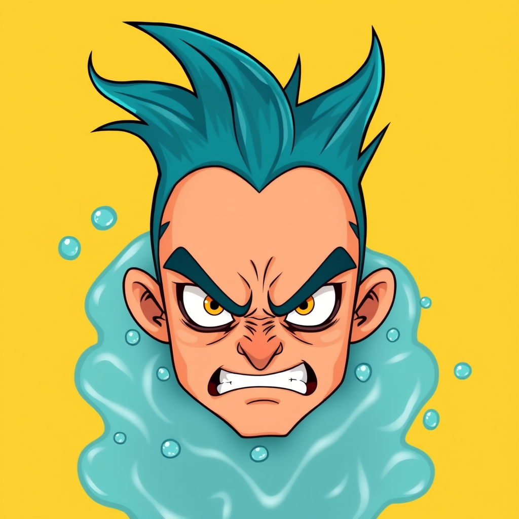 Generate a vibrant cartoon character with spiky teal hair and an angry expression, featuring exaggerated facial features and drops of water around the head, using a high-resolution digital format, with a Canon EOS R5 camera at f/2.8, ISO 100, and a 50mm lens, top-down view, and a vibrant, flat color style.