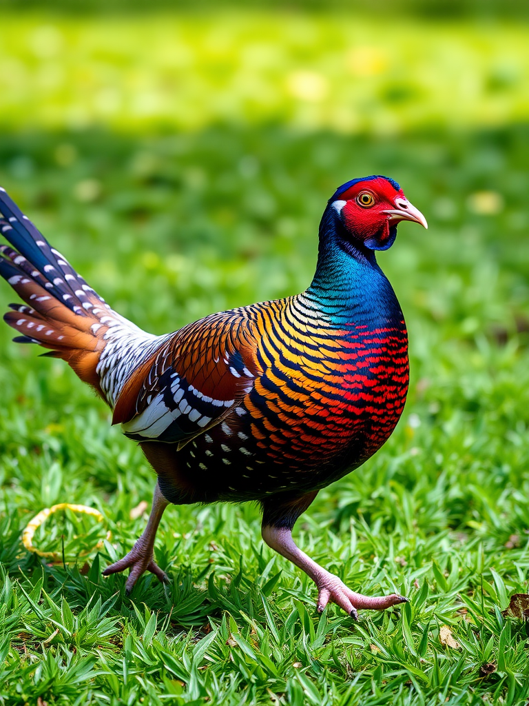 A colorful pheasant walking on green grass in bright daylight, captured with a DSLR camera, 85mm lens, f/2.8 aperture, ISO 100, shallow depth of field, side view for detailed feather texture.