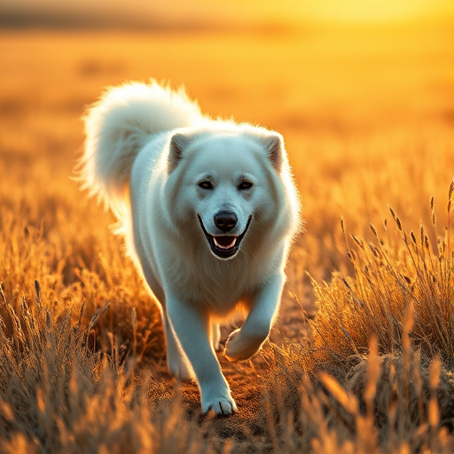 A majestic white dog walking through a sunlit golden field, capturing the warmth of a late afternoon with soft, diffused lighting, using a Canon EOS R5 with a 50mm f/1.2 lens, aperture set to f/2.8, ISO 200, and shutter speed of 1/500s, shot from a low angle perspective to emphasize the dog's size against the landscape.