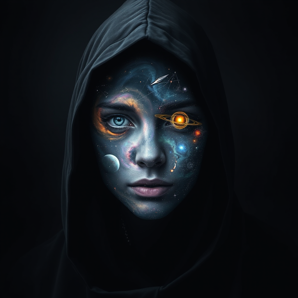 A mysterious hooded figure stands silently, the dark cloak flowing around them like shadows. Beneath the hood, their face is a mesmerizing cosmic scene where swirling galaxies, radiant stars, and vibrant planets form the features. Nebulas drift where eyes should be, glowing softly, while delicate streaks of cosmic energy trace the outlines of a nose and lips. Comets streak across the vastness of their face, and faint constellations pulse with life. The entire visage shifts and evolves as if the universe itself is contained within the figure, giving an ethereal, otherworldly presence to their form.