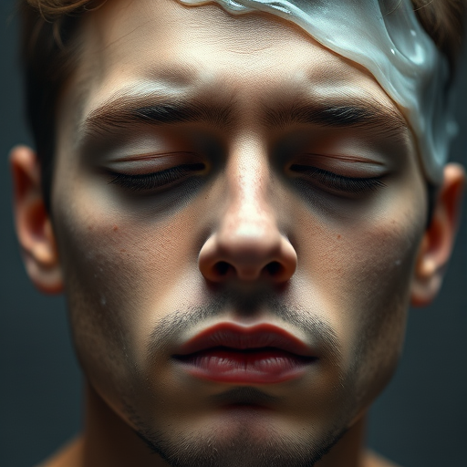 Create a hyper-realistic portrait of a young man with closed eyes, expressing deep emotion, with ethereal, fluid textures resembling melting wax, soft diffused lighting, macro lens, aperture f/1.8 for shallow depth of field, ISO 100, focus on facial details, captured with a DSLR camera.