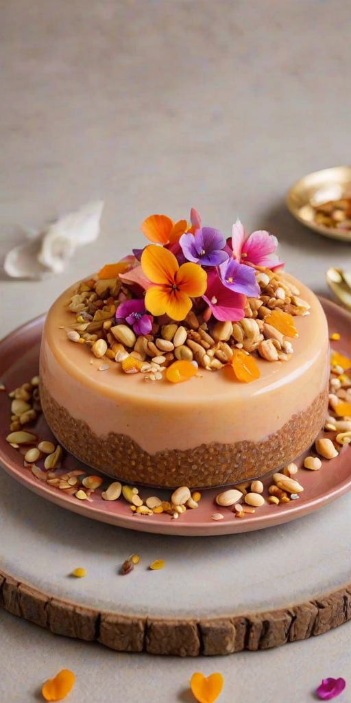 Create an image of a smooth, round dessert with a glossy orange surface, adorned with colorful edible flowers and finely chopped nuts scattered on top. The background should be simple and elegant, emphasizing the dessert's vibrant colors and textures.