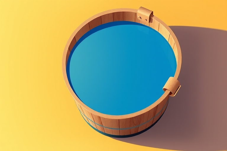 Create a high-resolution illustration of a round bucket filled with blue water, emphasizing a smooth gradient from orange to yellow, with a simple wooden handle, using a DSLR camera with a 50mm lens, f/1.8 aperture, ISO 100, and a shallow depth of field to enhance color vibrancy and detail.