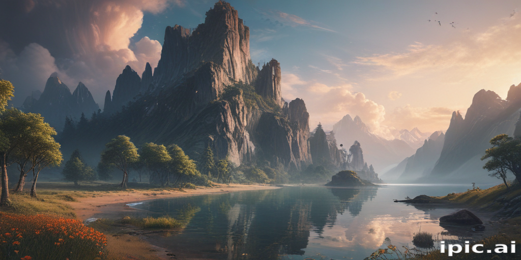 Majestic Mountain Landscape with Serene Lake and Vibrant Nature at Dusk
